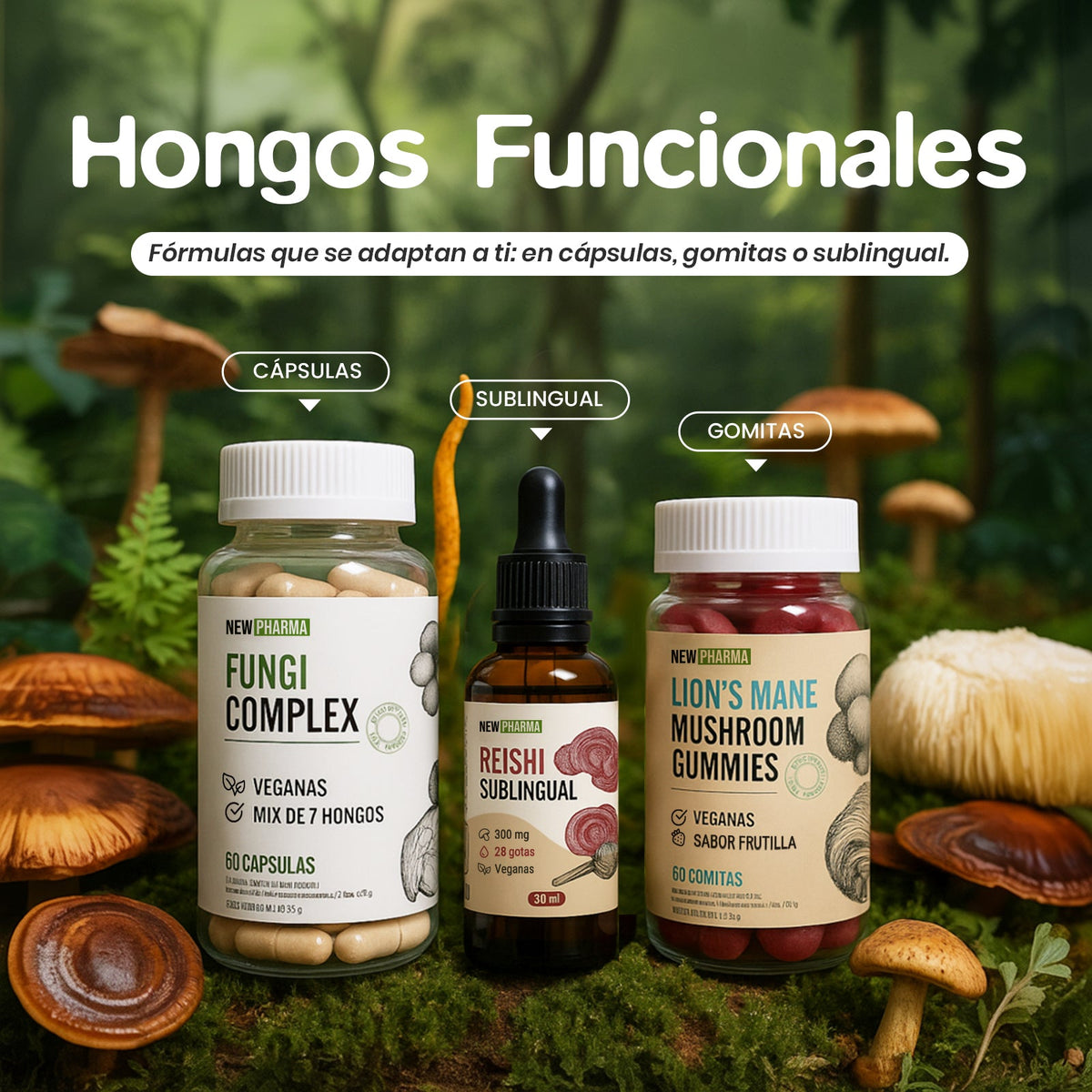 Hongos funcionales NewPharma en cápsulas, sublingual y gomitas